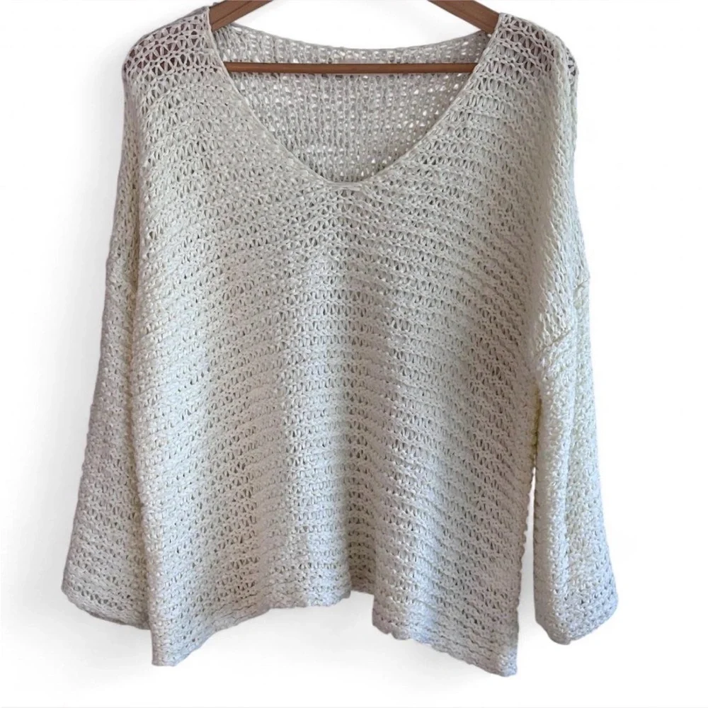 Relaxed Cream Open-Knit V-Neck Boho Sweater OS - Picture 1 of 7